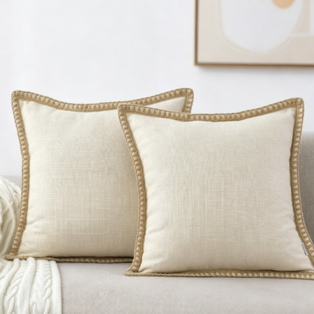 Solid-color cotton-linen throw pillow (neutral tones) – Minimalist farmhouse style