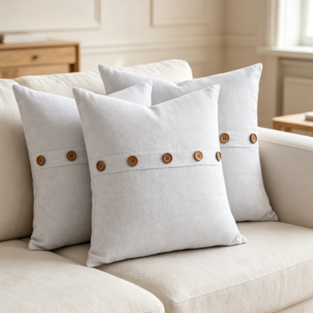 Solid-color cotton-linen cushion with wooden button detail